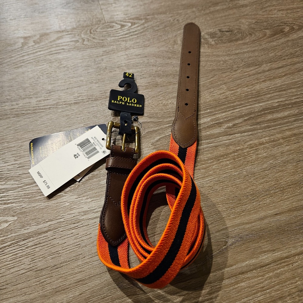 Polo Ralph Lauren Stretch Belt Mens 42 Orange Navy Stripe Leather Trim NWT